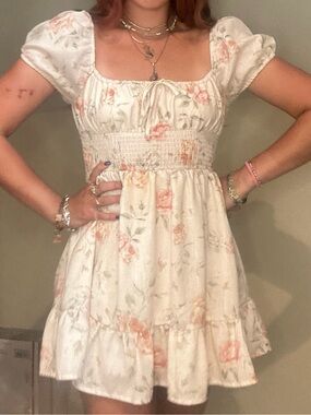 Windsor Cream Floral Mini Dress with Pink Rose Print